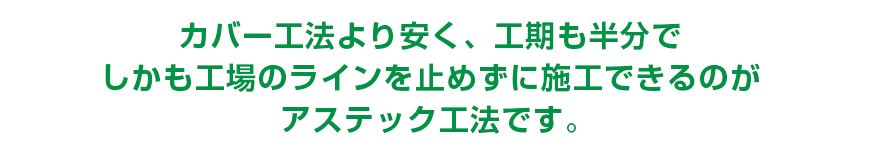 カバー工法より安く、工期も半分でしかも工場のラインを止めずに施工できるのがアステック工法です。